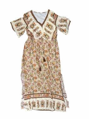 FEHRNVI Bohemian Floral Flowy Maxi Dress in Cream, Rust & Olive. Tie Waist